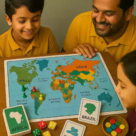 Family setting up a board game